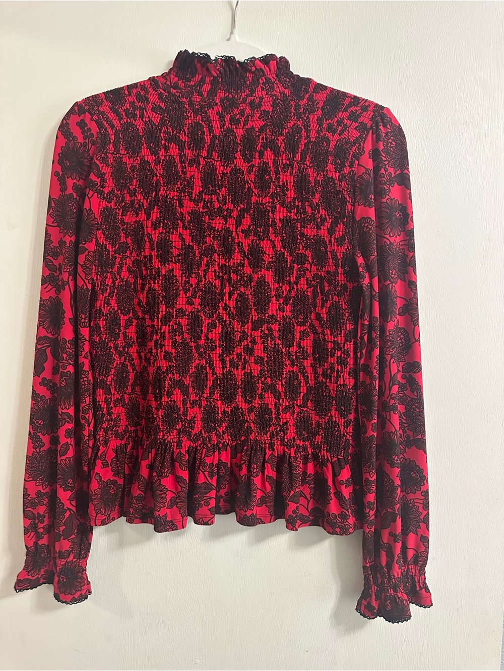 Tommy Hilfiger Red and Black smocked Floral High-Neck Long Sleeve Top